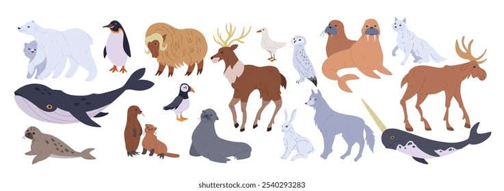 Antarctic animal. Snow wolf. Whale and polar bear. Sea seal. Scandinavia wildlife. Tundra fauna. Arctic frozen nature. Wild orca and walrus. North Pole. Bison and snowy deer. Vector winter mammals set