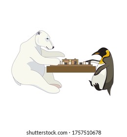 Antarctic animals – Polar Bear and Emperor penguin playing chess on white isolated background that was made as a vector illustration for prints on clothes, covers, postcards or sketchbooks, logos.