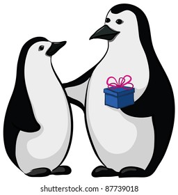 Antarctic black and white emperor penguins with a festive gift box. Vector