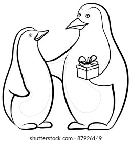 Antarctic black and white emperor penguins with a festive gift box, contours. Vector