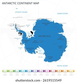 Antarctic Continent Map - Infographic detailed map with regions and cities of the country. Vector illustration EPS10.