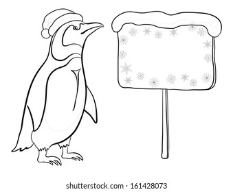 Antarctic emperor penguin in a Santa Claus hat with a Christmas poster for your text, black contour on white background. Vector