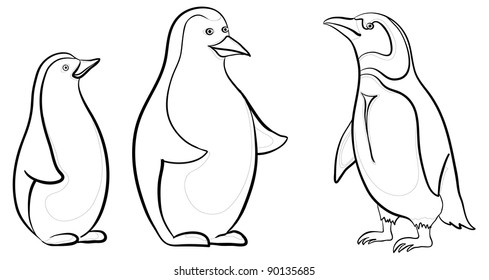 Antarctic emperor penguins, black contours on white background. Vector
