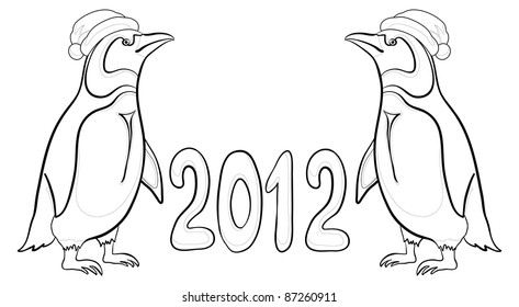 Antarctic emperor penguins in Santa hats with the inscription 2012, contours. Vector
