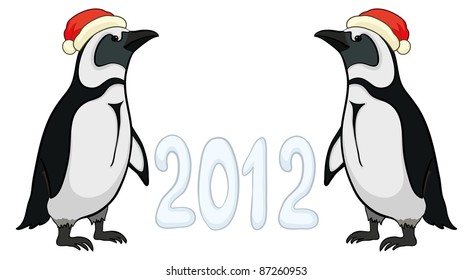 Antarctic emperor penguins in Santa hats with the inscription 2012. Vector