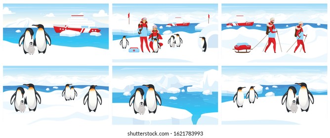 Antarctic expedition flat vector illustration. Emperor penguin colony on iceberg. North pole landscape with people and creatures. Trekking group in snow. Veterinarian and animal cartoon characters