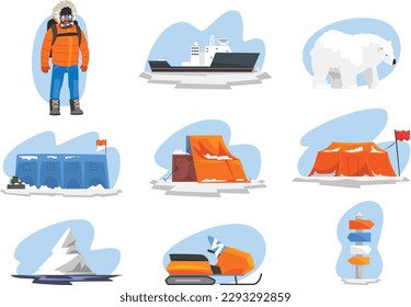 Antarctic expedition set. North pole exploration, scientific station, ice breaker and crossroad direction post vector illustration