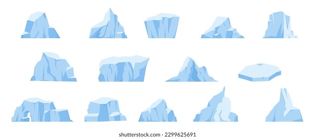 Fijación del iceberg antártico, icebergs de nieve ártica. Glaciar flotante, montañas de polo norte y rocas. Fusión glaciar oceánica, conjunto de vectores de naturaleza congelada