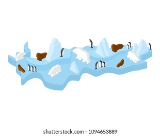 Antarctic Isometric Map Animal and plants. North Pole flora and fauna on mainland. Vector
