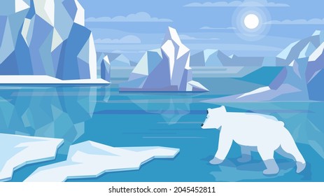 Antarctic landscape concept in flat cartoon design. Polar bear in cold water, huge ice blocks, icebergs, permafrost, snow and frost. Wildlife panoramic view. Vector illustration horizontal background