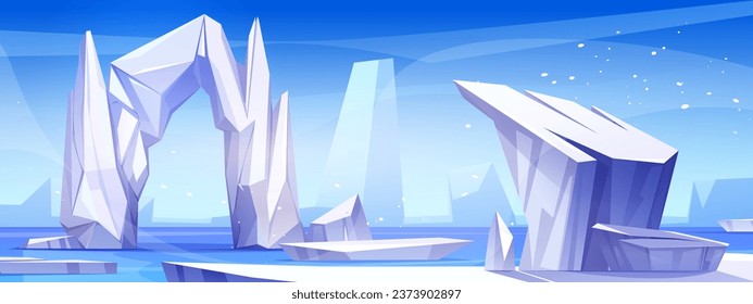 Antarctic landscape with iceberg and floes on sea surface. Vector cartoon illustration of large pieces of ice floating on ocean water, rocky ice blocks and frozen arch, snow falling from blue sky