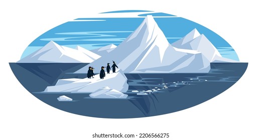 Antarctic landscape. Icebergs from the cold sea. Penguins on the glacier. Flat vector illustration svg