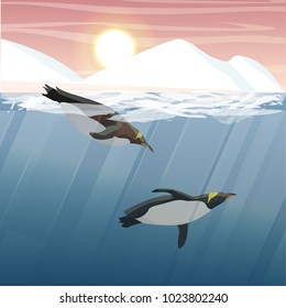 Antarctic or northern underwater landscape. Iceberg, glacier, snow-covered mountains and two penguins floating in the sea water. Vector illustration, a scene from marine life.