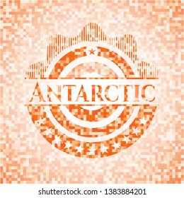Antarctic orange tile background illustration. Square geometric mosaic seamless pattern with emblem inside.