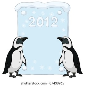Antarctic penguins with a placard with the inscription 2012. Vector
