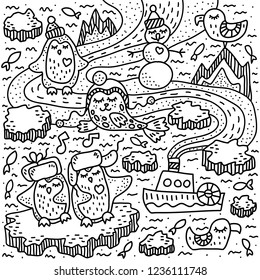 Antarctic penguins and seal. Cute hand-drawn doodle drawing. Coloring page for children. Vector illustration.