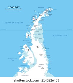 Antarctic Peninsula map. Research stations. Vector illustration