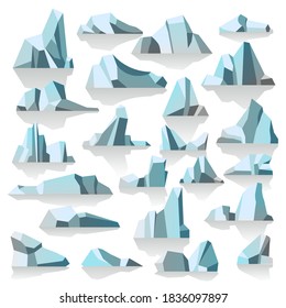 Antarctic or polar icebergs underwater of cold oceans, submerged icy peaks with shadow and reflection. Melting masses of show, ecological changes and global warming danger, vector in flat style