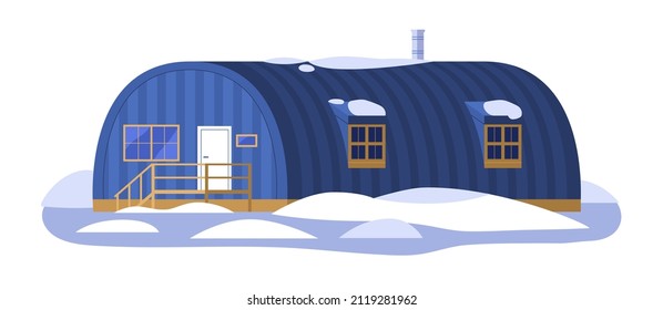 Antarctic polar station. Arctic scientific base. Hangar in Antarctica. Remote science building, shelter in North Pole. Flat vector illustration of northern observatory isolated on white background