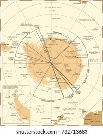 Antarctic region Map - Vintage Detailed Vector Illustration