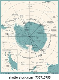 Antarctic region Map - Vintage Detailed Vector Illustration