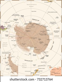 Antarctic region Map - Vintage Detailed Vector Illustration