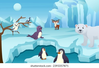 Antarctic scene with many animals . Vector .