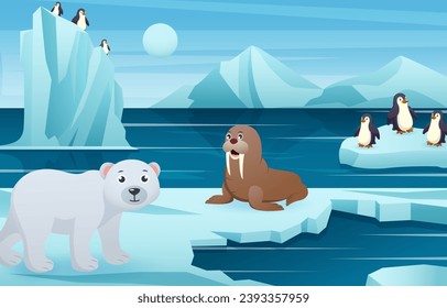 Antarctic scene with many animals . Vector .