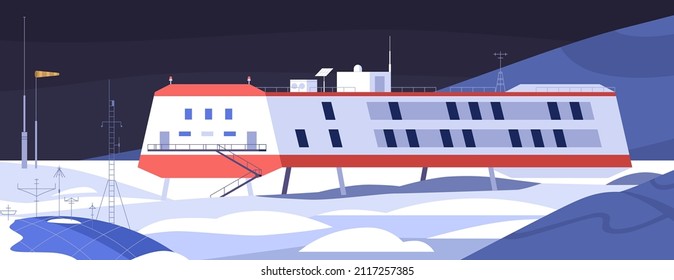 Antarctic science polar station. North pole base in Antarctica. Scientific expeditions building and equipment in Arctic landscape at cold night. Remote observatory panorama. Flat vector illustration