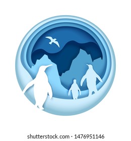 Antarctic South Pole scene with icebergs and penguins silhouettes, vector illustration in paper art style. Antarctica for travel poster, postcard, web banner etc.