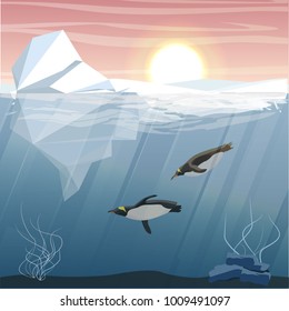 Antarctic underwater landscape. Iceberg, glacier and two penguins floating in the sea water. Vector illustration, a scene from marine life.