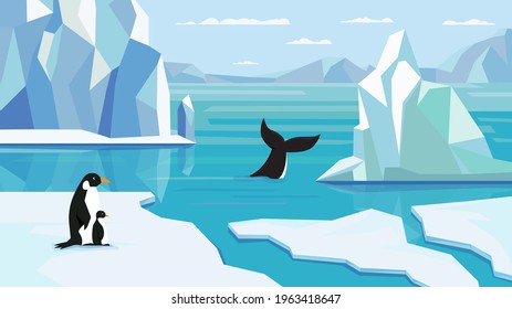 Antarktis-Sicht, Banner in flachem Cartoon-Design. Landschaft mit Pinguinen auf Gletscher, Eisberge schweben in kaltblauem Wasser. Tierwelt-Panorama mit nördlicher Landschaft. Vektorgrafik des Web-Hintergrunds