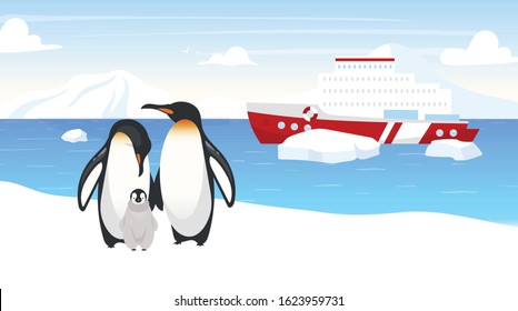 Antarctic wildlife flat vector illustration. Emperor penguins. Marine flightless bird family. Winter snow landscape. Boat in ocean. Ship in sea on background. Arctic animal cartoon characters