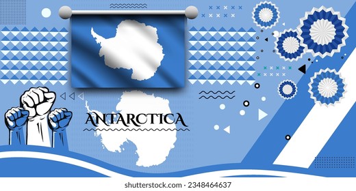 Antarctica banner for national day with abstract modern design. Antarctica flag and map with typography. raised fists and embroidery background.  independence day. Vector Illustration.