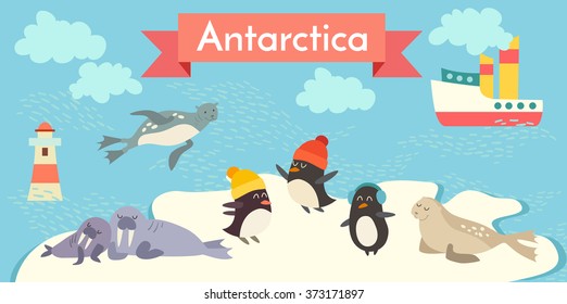 Antarctica cartoon animals vector illustration set. Penguin, walrus, seal, lighthouse, boat.