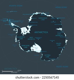 Antarctica Continent map. High detailed map of Antarctic with countries, borders, cities, water objects. Vector illustration eps10.