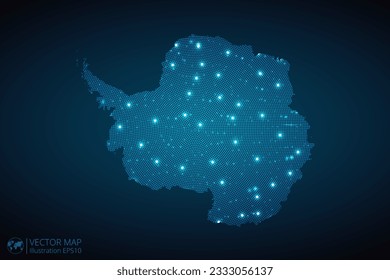 Antarctica Continent map radial dotted pattern in futuristic style, design blue circle glowing outline made of stars. concept of communication on dark blue background. Vector EPS10