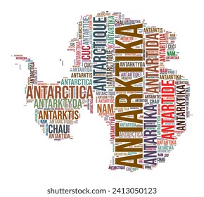 Antarctica country shape word cloud. Typography style country illustration. Antarctica image in text cloud style. Vector illustration.