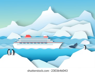 Antarctica cruise paper cut vector background. North scenery with icebergs floating in ocean and penguins illustration in craft style. Icy nature landscape with passenger liner ship
