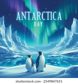 Antarctica Day and Penguins standing on icebergs