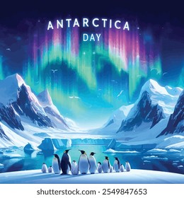 Antarctica Day and Penguins standing on icebergs