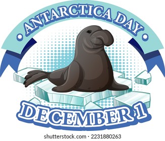 Antarctica day text with dugong illustration svg