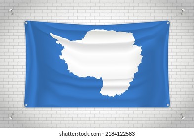 Antarctica flag hanging on brick wall. 3D drawing. Flag attached to the wall. Neatly drawing in groups on separate layers for easy editing.