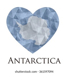 Antarctica flag shape heart in geometric rumpled triangular low poly origami style graphic illustration,mosaic polygonal style.Symbol of love to country.Retro or vintage style background.