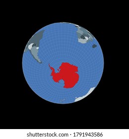 Antarctica highlighted in red on a world map, vector illustration.