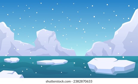 Antarctica iceberg landscape vector illustration. Sea ice landscape with glacier shard and snowfall. Arctic ice land landscape for background, wallpaper or landing page