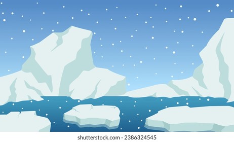 Antarctica iceberg landscape vector illustration. Sea ice landscape with glacier shard and snowfall. Arctic ice land landscape for background, wallpaper or landing page