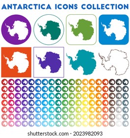 Antarctica icons collection. Bright colorful trendy map icons. Modern Antarctica badge with country map. Vector illustration.