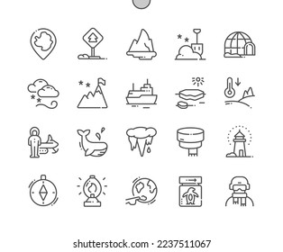 Antártida. Iglú, montaña, faro, pingüino, ballena, iceberg. Mapa de la Antártida. Iconos De Línea Delgada De Vector Perfecto De Pixel. Pictograma mínimo simple