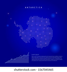 Antarctica illuminated map with glowing dots. Infographics elements. Dark blue space background. Vector illustration. Growing chart, lorem ipsum text.